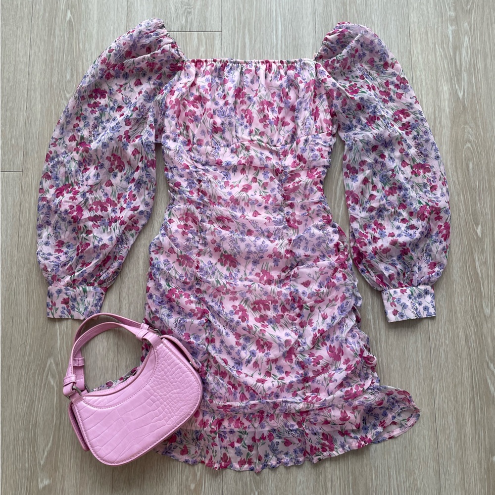 Eilly Bazar Floral Chiffon Ruched Long Sleeve Dress Pink Size Small